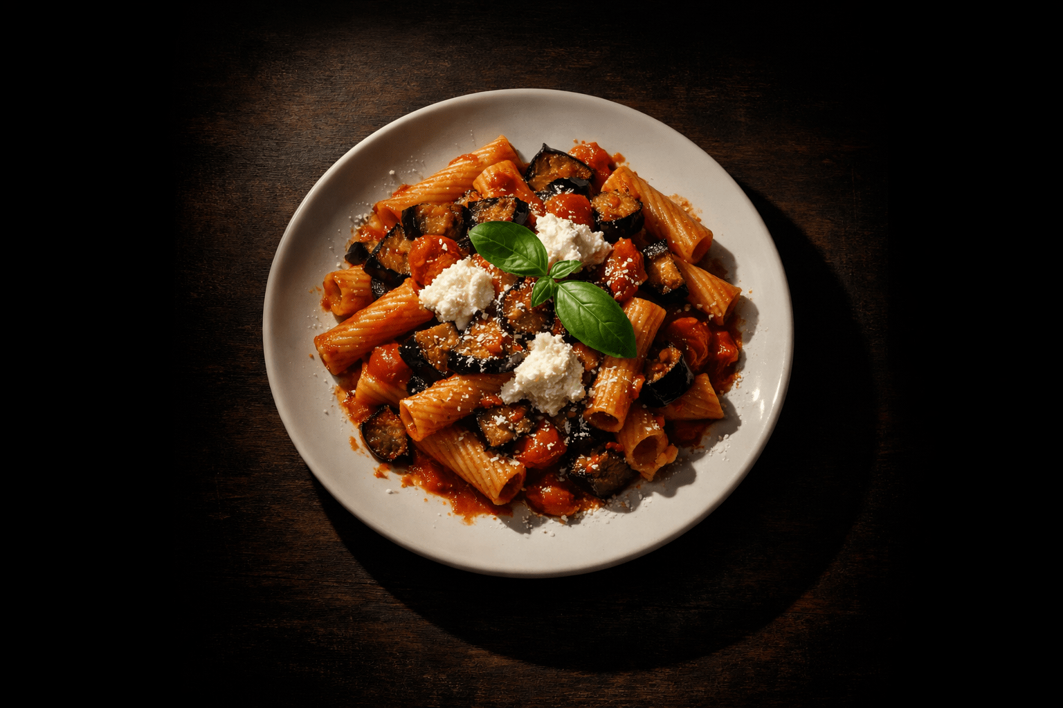 Pasta alla Norma tradicional siciliana con berenjenas fritas, tomate y ricotta salata, plato típico de la cocina italiana con historia