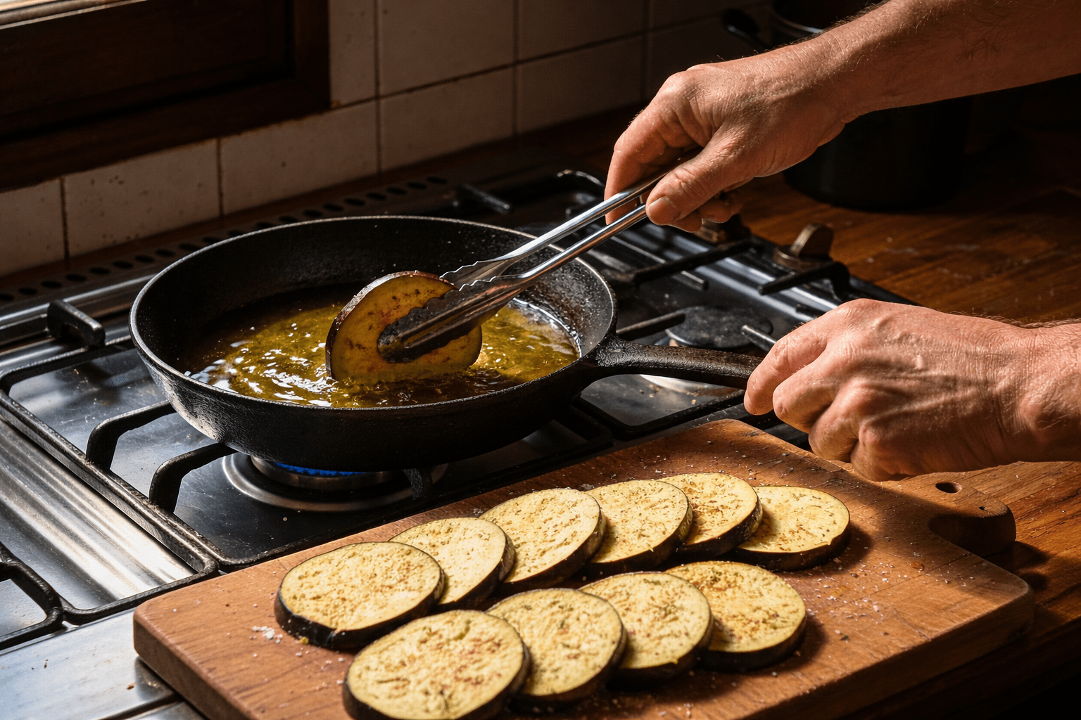 Berenjenas fritas en aceite de oliva para la receta auténtica de la Pasta alla Norma siciliana