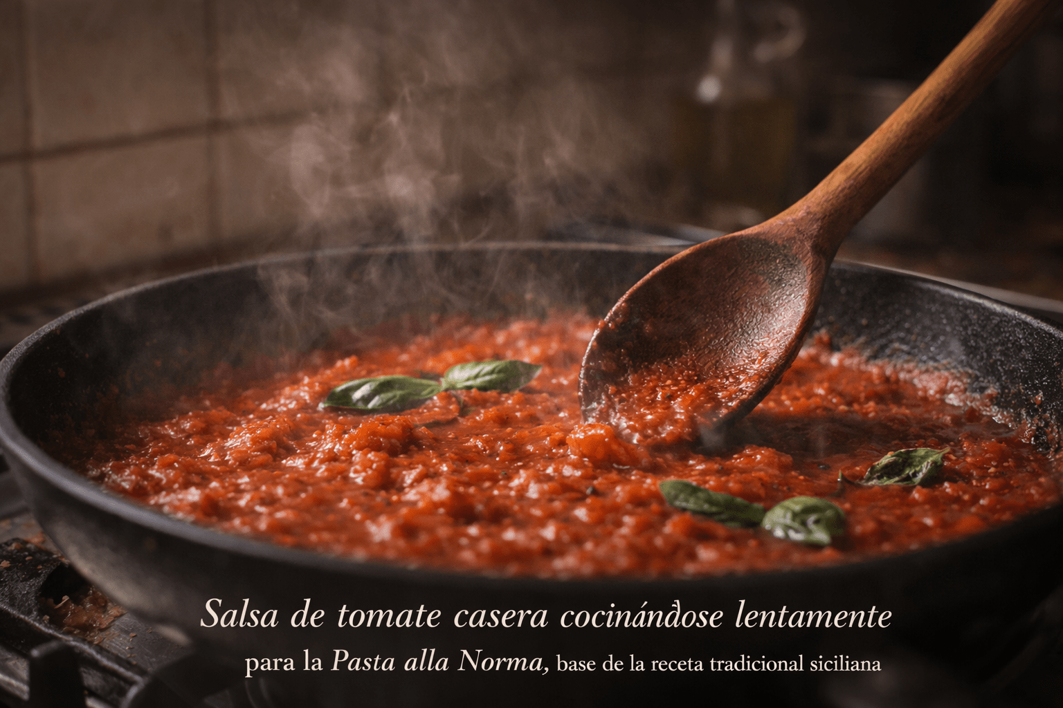 Salsa de tomate casera cocinándose lentamente para la Pasta alla Norma, base de la receta tradicional siciliana