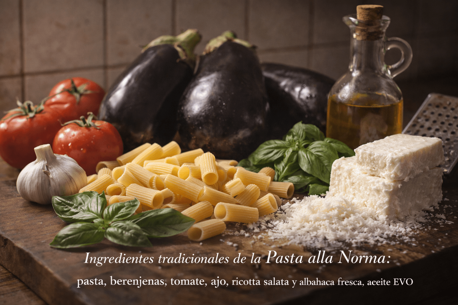 Ingredientes tradicionales de la Pasta alla Norma: pasta, berenjenas, tomate, ajo, ricotta salata y albahaca fresca, aceite EVO,