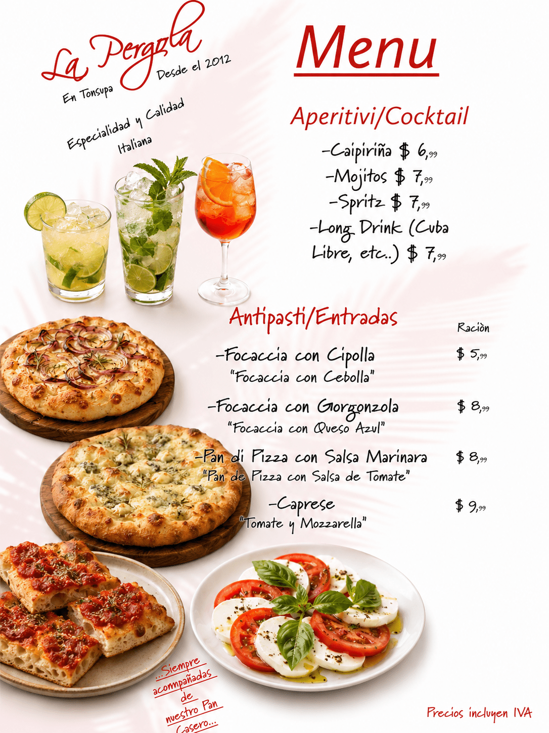 Menu entradas restaurante LA Pergola Tonsupa