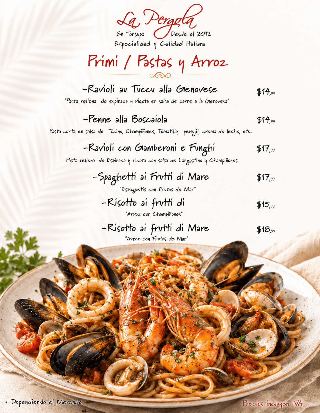 Menu Pastas y Arroz restaurante LA Pergola Tonsupa