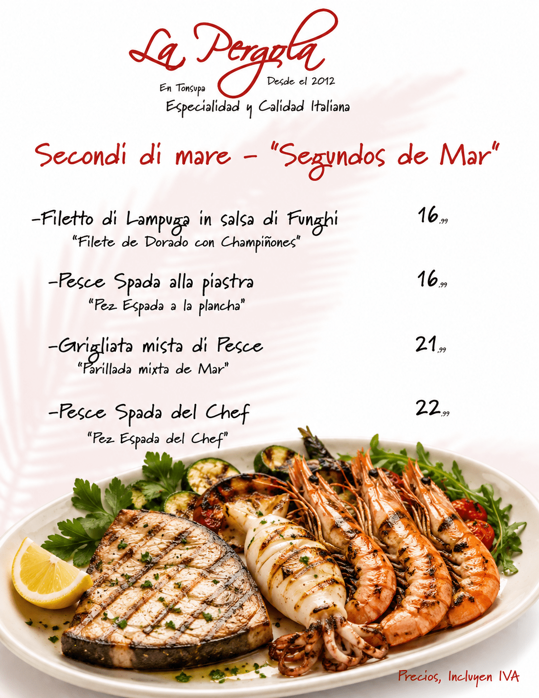 Menu segundo de mar restaurante LA Pergola Tonsupa