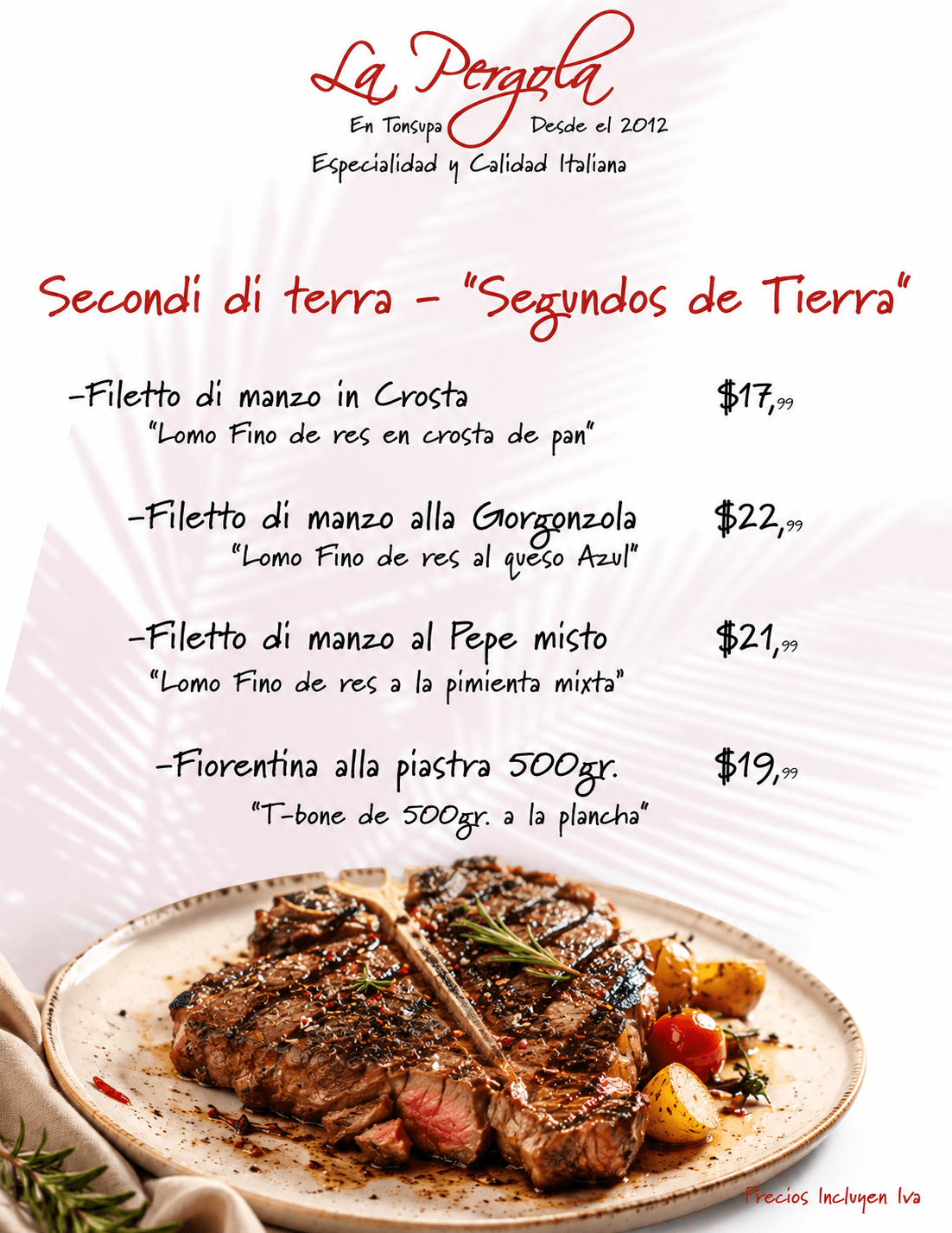 Menu segundo de tierra restaurante LA Pergola Tonsupa